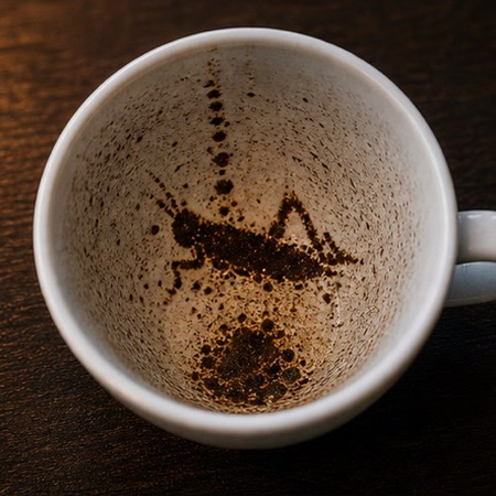 GRASSHOPPER coffee cup symbol photo and tasseography meaning